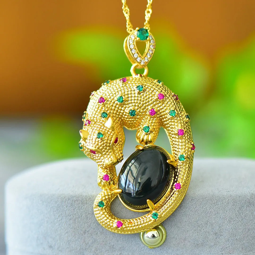 Copper inlaid Hetian grey jade pendant with ink blue accents on necklace chain
