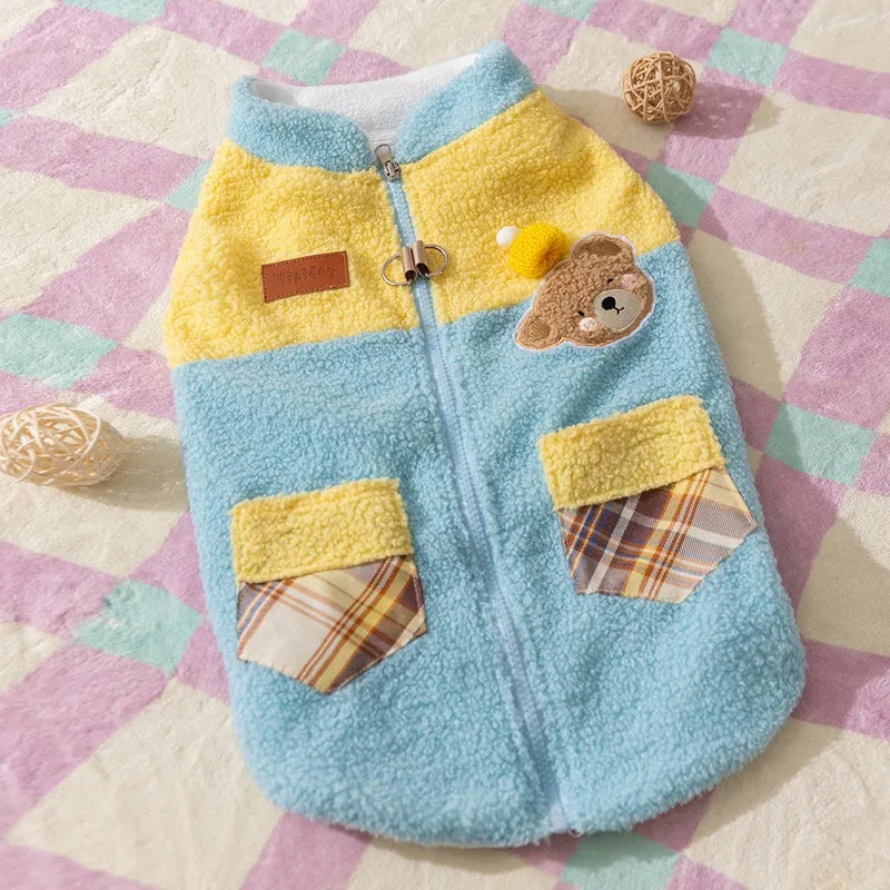 Cute bear embroidered pet fleece jacket with plaid pockets and leash ring for small dogs in yellow
