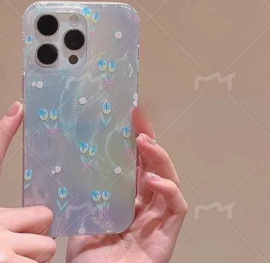 Ins laser gradient star full package hard case for iPhone 11, 12, and 12 Pro in blue tulip flowers or full stars design