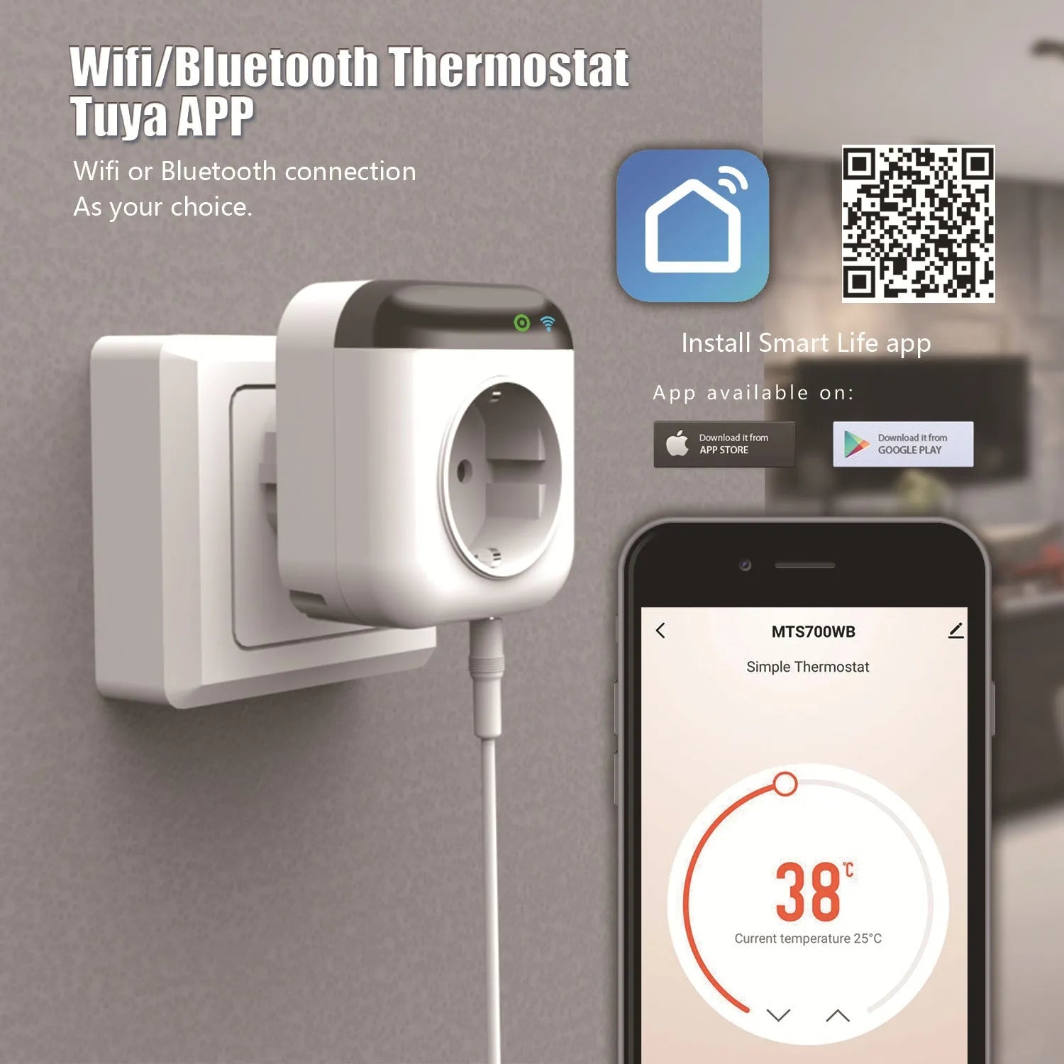 White Tuya WiFi smart socket with temperature sensor probe and US 3-hole plug design