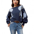 Sapphire blue women's pullover with floral jacquard pattern, loose casual fit with off-neck design