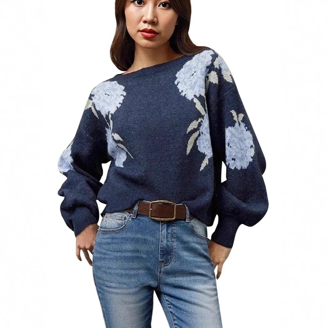 Sapphire blue women's pullover with floral jacquard pattern, loose casual fit with off-neck design