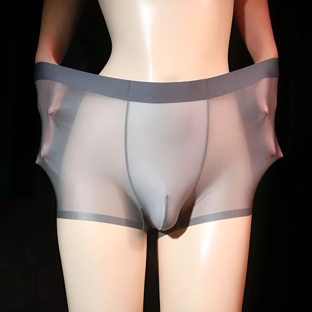 Men's ultra-thin transparent boxer briefs in ice silk nylon showing colour options