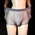 Men's ultra-thin transparent boxer briefs in ice silk nylon showing colour options