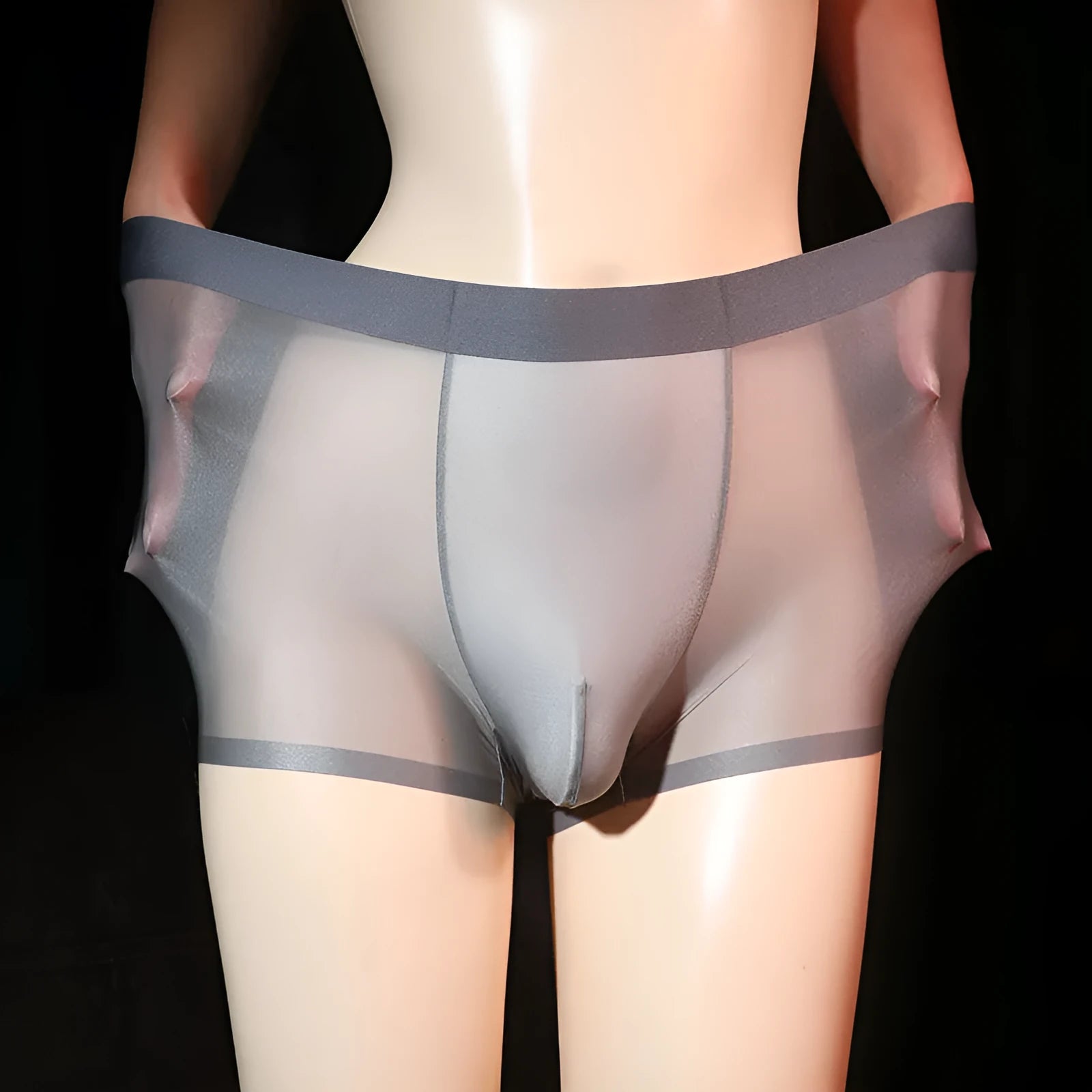 Men's ultra-thin transparent boxer briefs in ice silk nylon showing colour options