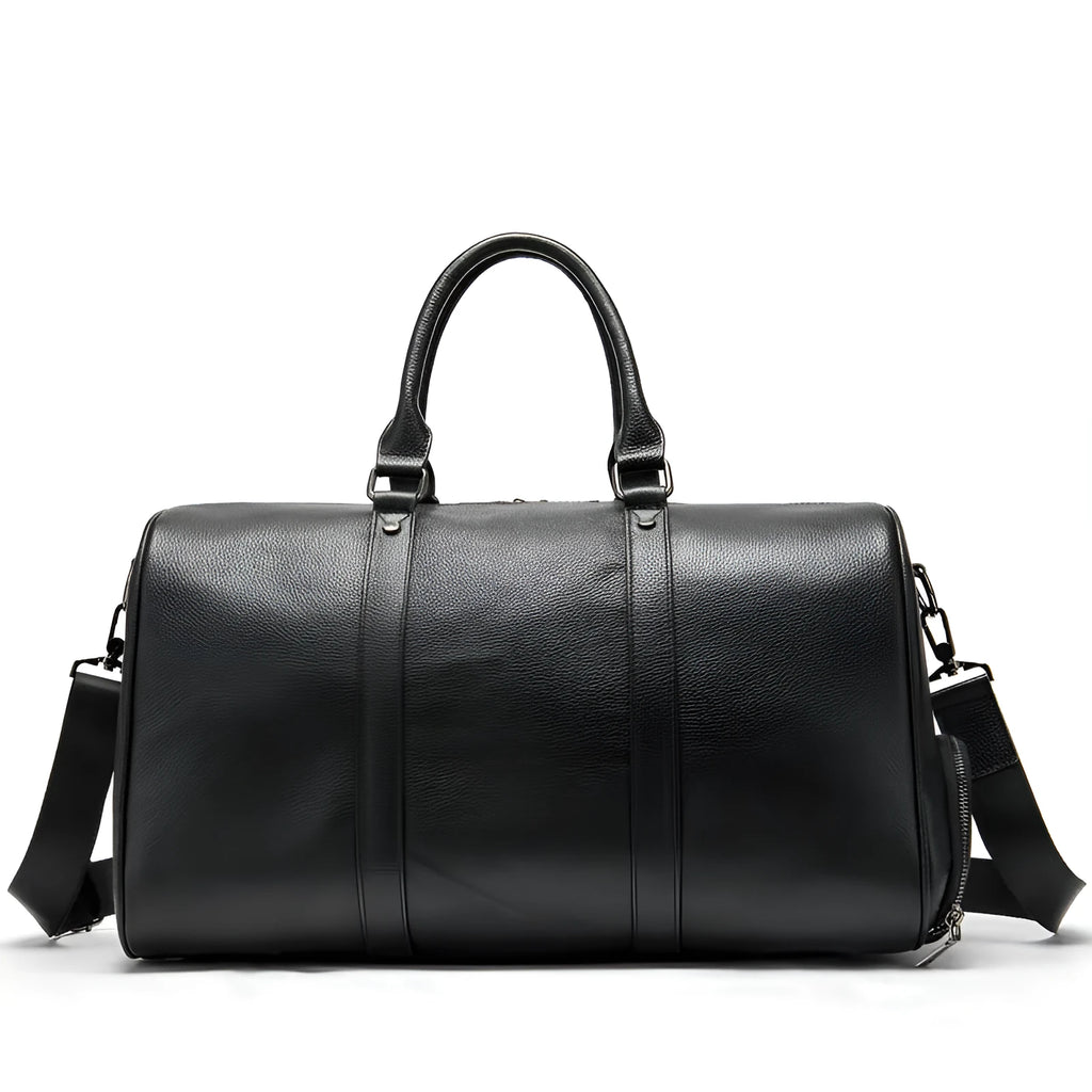 Men's black and coffee brown leather tote bags shown in 44cm and 55cm lengths.