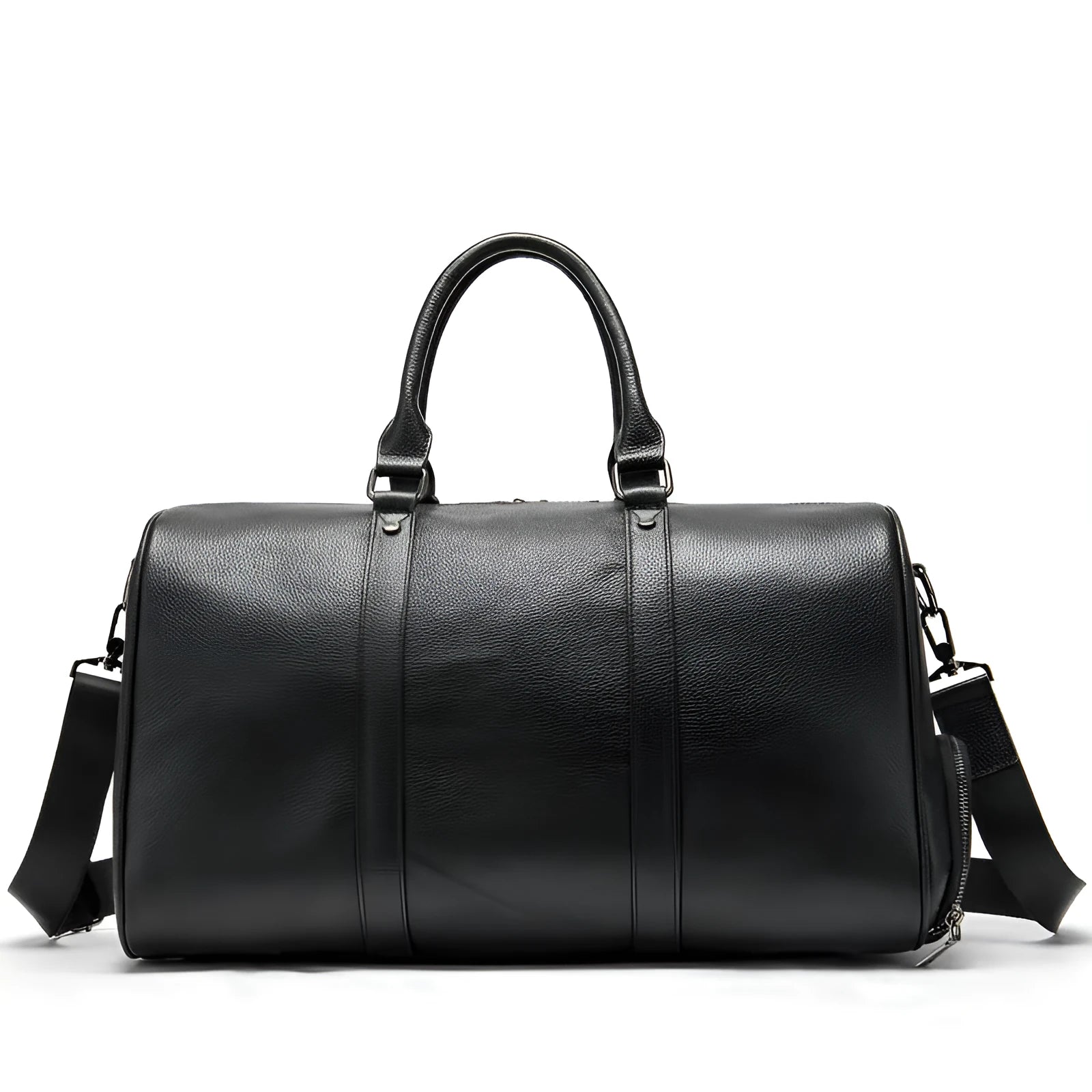 Men's black and coffee brown leather tote bags shown in 44cm and 55cm lengths.