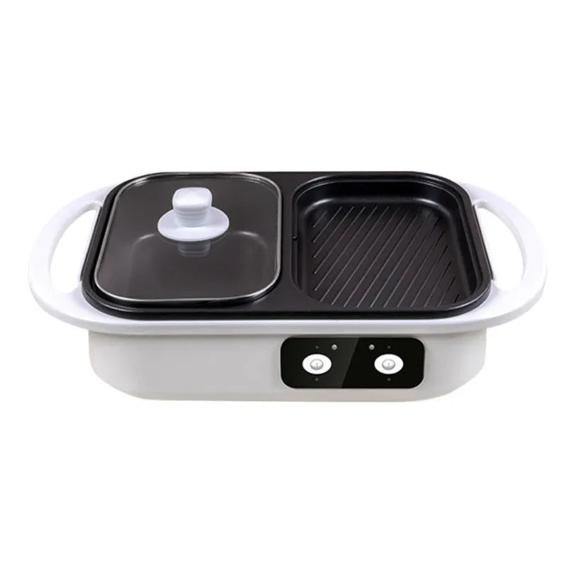 Green and white dual-function electric hot pot and frying oven appliance for 2-3 people