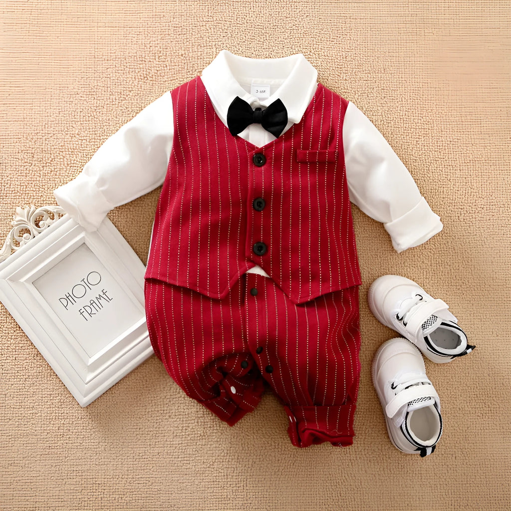 Wine red cotton baby boy romper with long sleeves and a single-breasted front, laying flat.