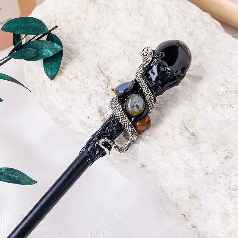 Natural crystal ball magic wand with amethyst stone topper for Halloween prop