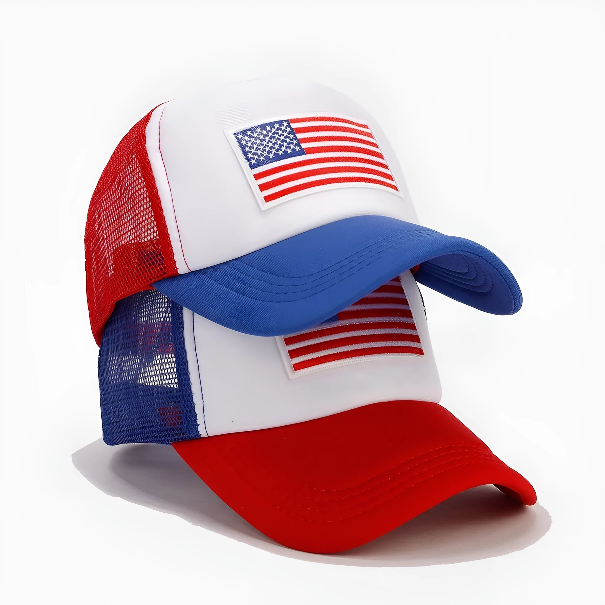 Red and blue contrasting mesh baseball cap with adjustable fit and breathable space cotton construction