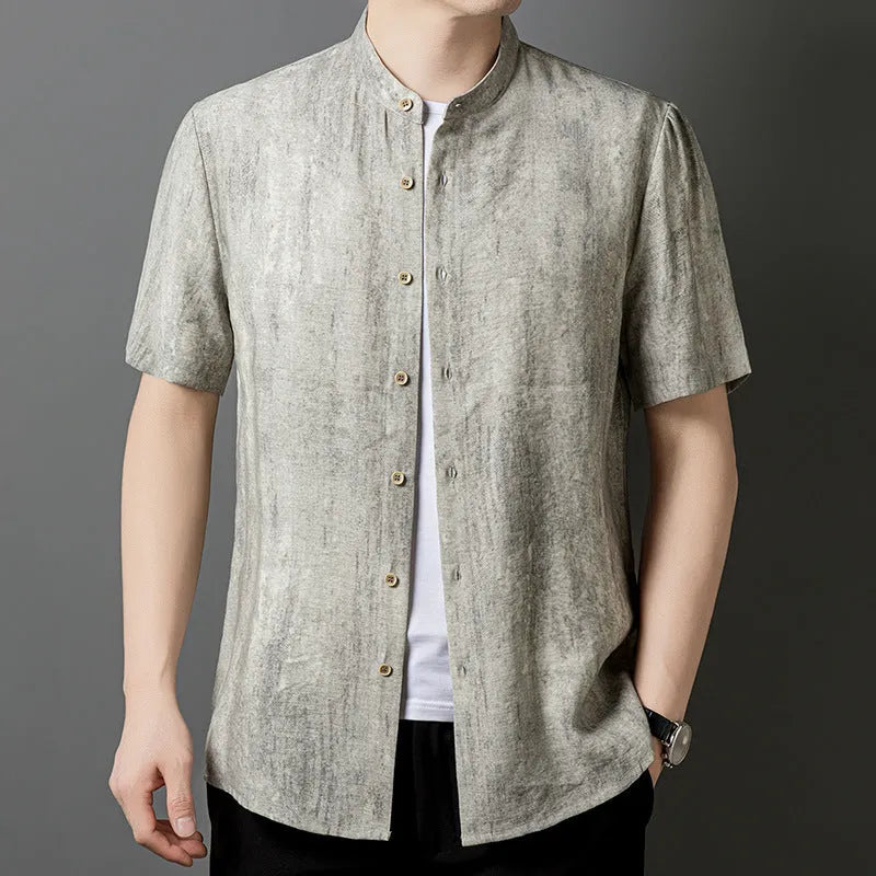 Men's loose fit linen cardigan shirt in grey colour with stand collar