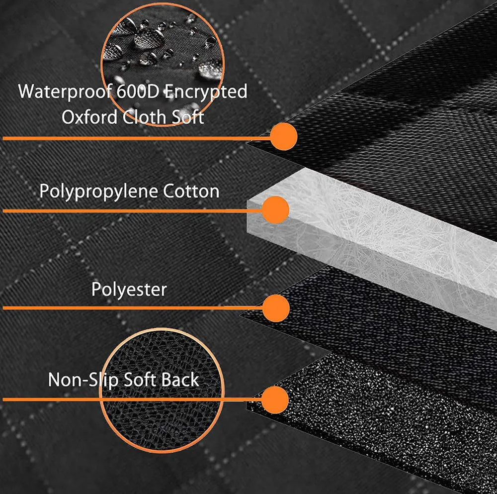 Black dog car seat cover with orange edge, shown as a hammock and flat protector on a car rear seat.