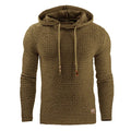Men's grey cotton-polyester blend hooded sweatshirt on a hanger, showing front design and hood.