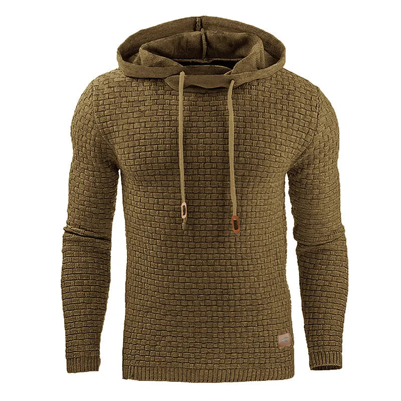 Men's grey cotton-polyester blend hooded sweatshirt on a hanger, showing front design and hood.