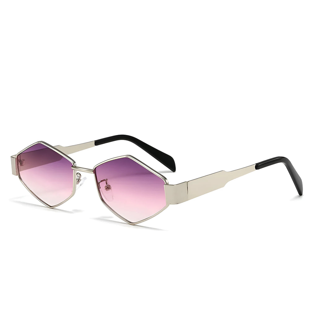 Polygon rhombus metal sunglasses with hexagon square frame in black, gold, or silver with coloured lenses