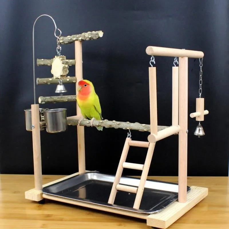 Large wooden parrot activity stand made from pepper wood with multiple vertical climbing poles.