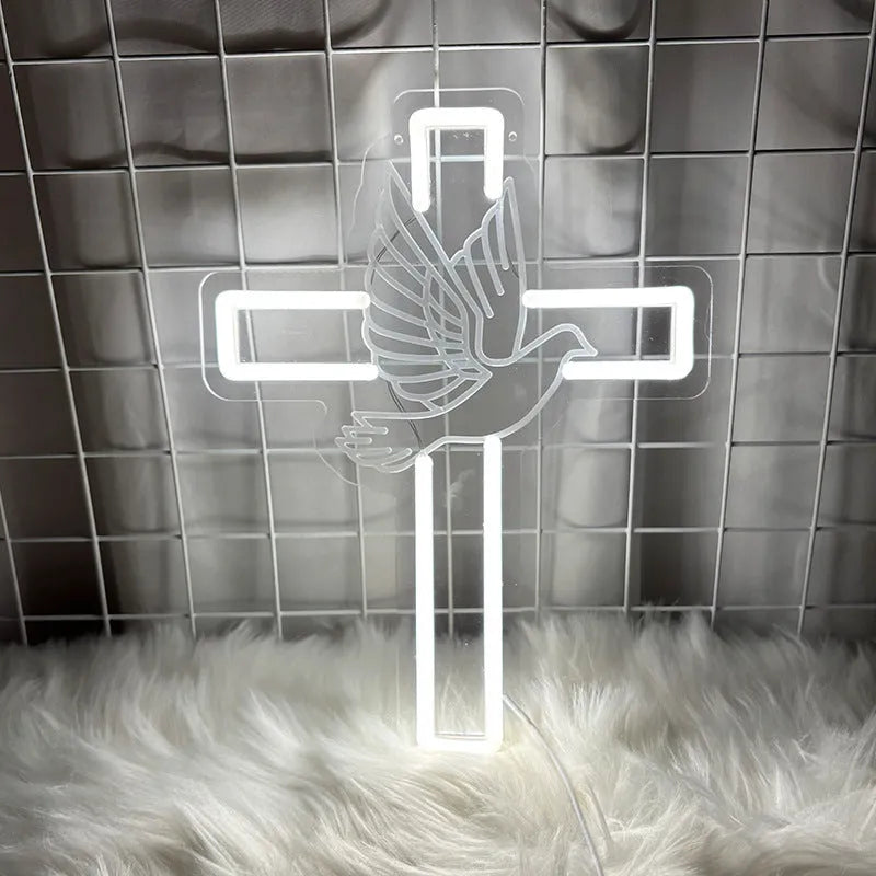 LED neon light peace dove cross acrylic plate white illumination hanging on wall