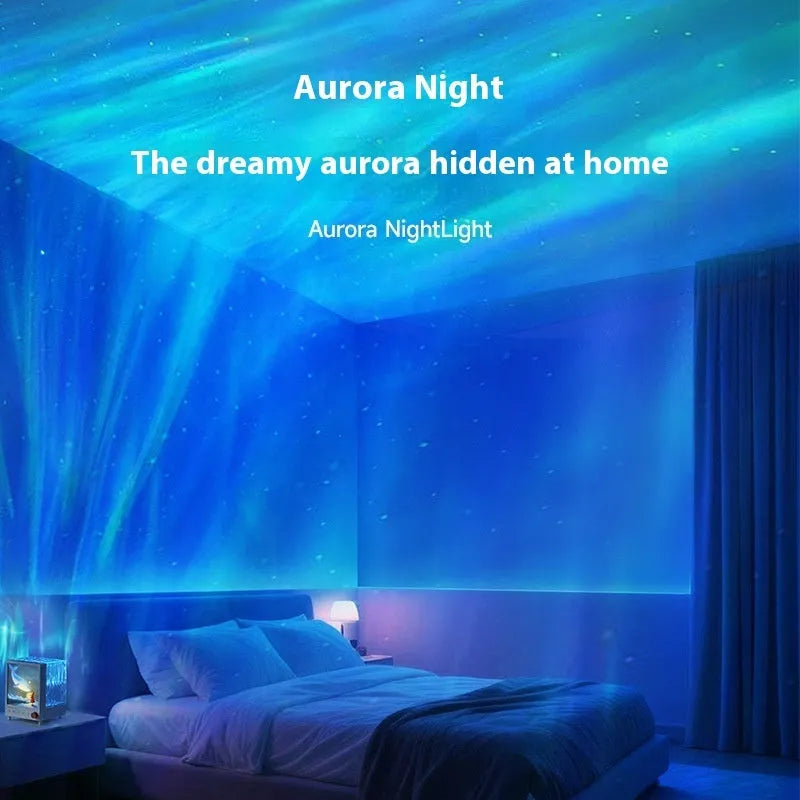 Aurora Treasure Box atmosphere projection lamp showing starry sky and whale light effects.