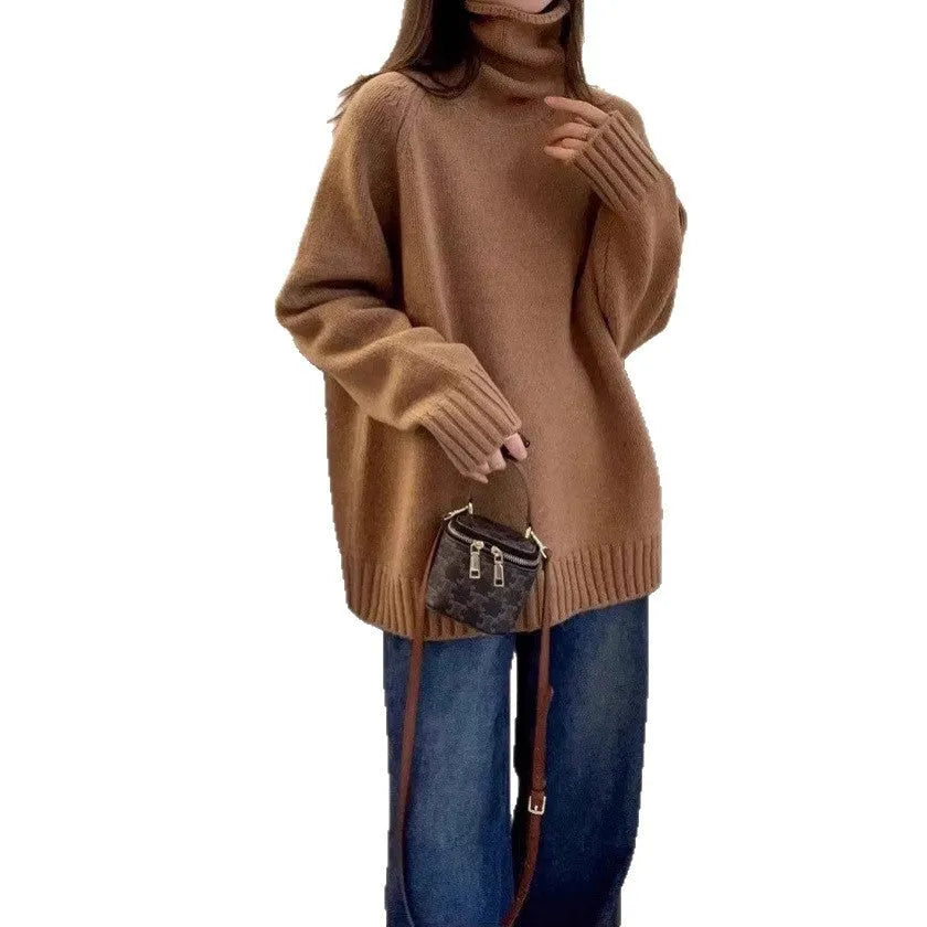 Women's loose thick turtleneck sweater in red with curling pile collar and textured mesh fabric