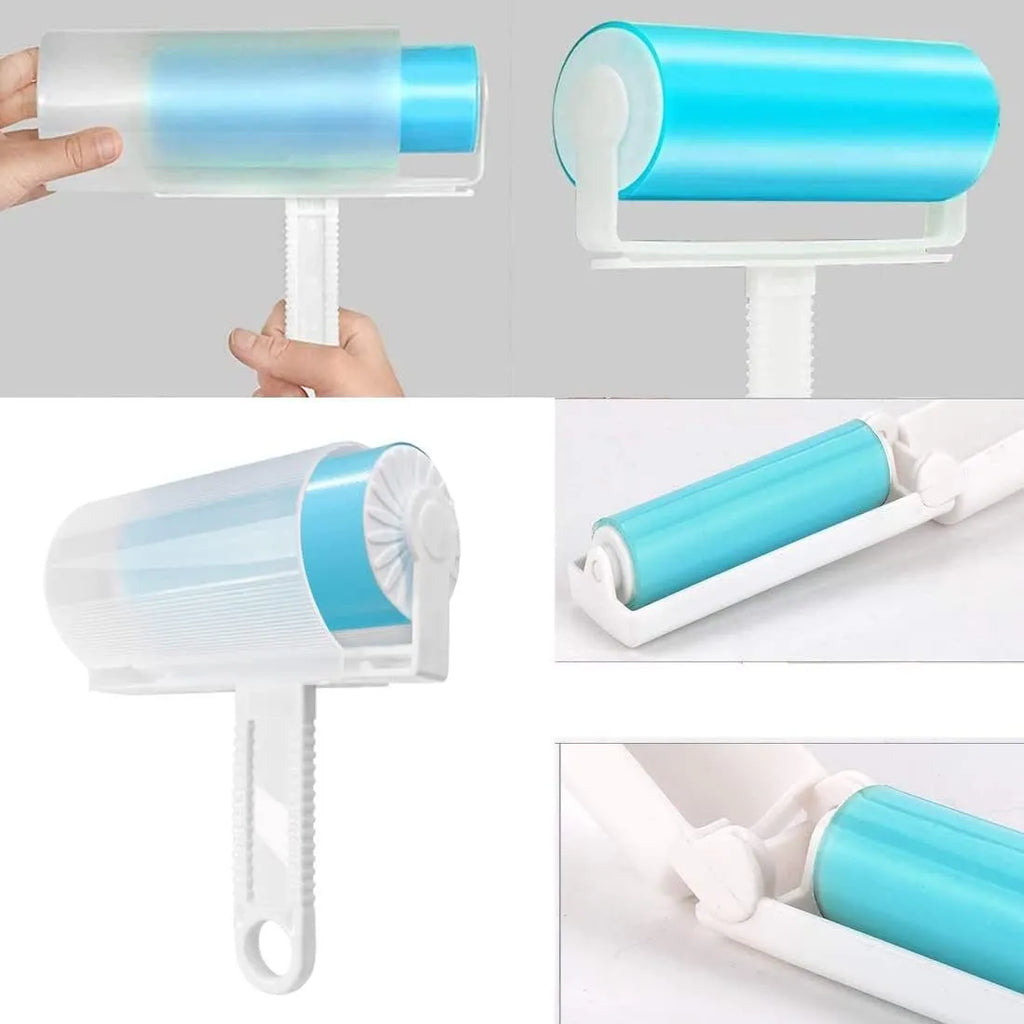 Washable lint roller pack with protective cover in blue, green, pink and yellow options for pet hair removal