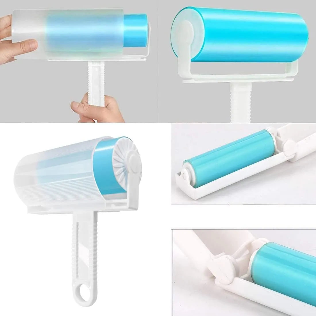 Washable lint roller pack with protective cover in blue, green, pink and yellow options for pet hair removal
