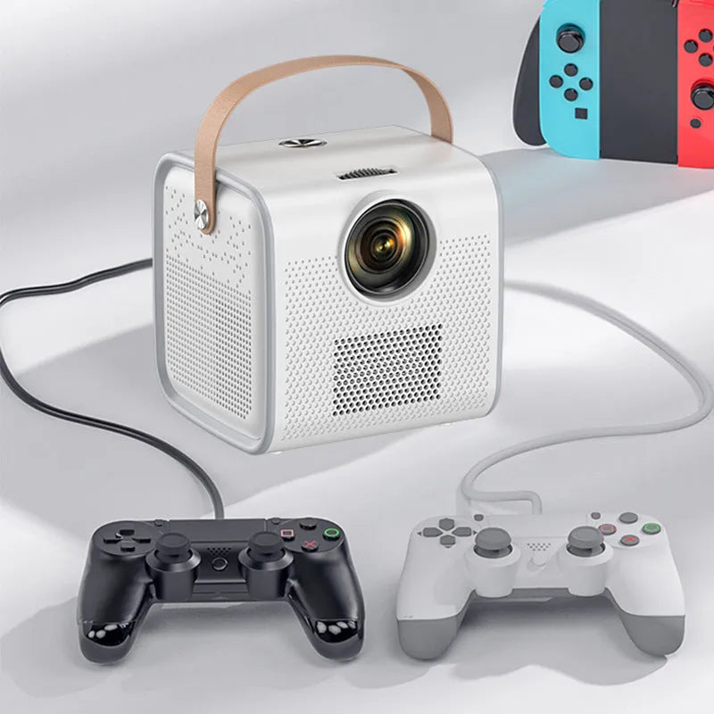 Full HD mini projector 1080P 3000 lumens LED with remote control and cables on table