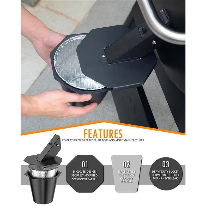 Black grease catcher with cover, height 21.5cm, top 13 by 13.5cm, bottom diameter 7.5cm, with foil buckets for smoker