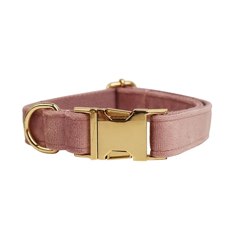 Light purple pink velvet dog collar with matching pet accessories including leash, bowknot and vest
