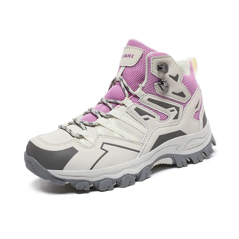 High-top outdoor hiking sneaker in flannel with rubber sole, shown on a rocky trail.