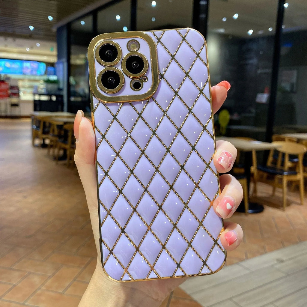 Electroplated 6D diamond TPU phone case back cover for compatible iPhone models in black, white, green, pink or purple.
