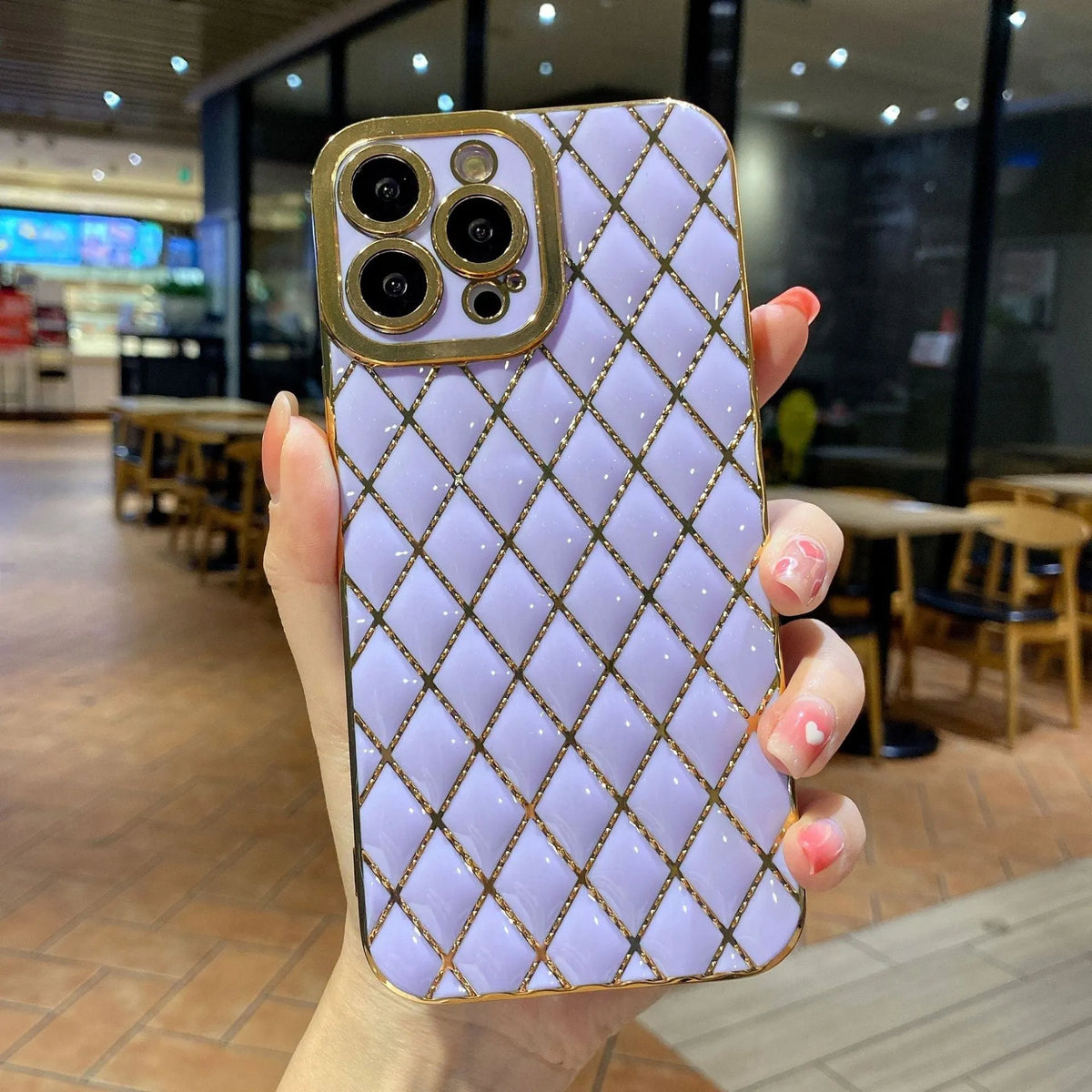 Electroplated 6D diamond TPU phone case back cover for compatible iPhone models in black, white, green, pink or purple.