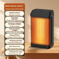 Black remote control desktop heater with oscillating grill on a wooden desk