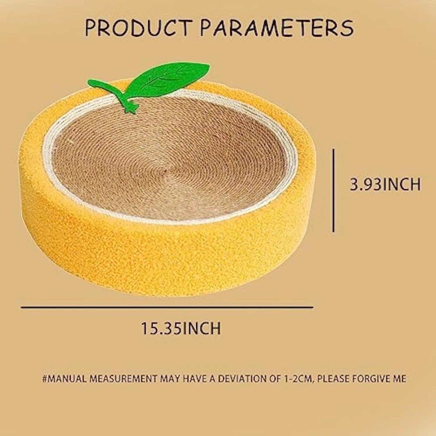 Yellow fruit-shaped sisal cat scratching board and round bed for small cats.
