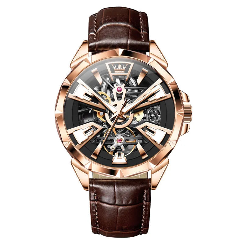 Men's automatic mechanical watch with hollow dial, stainless steel case and brown leather strap