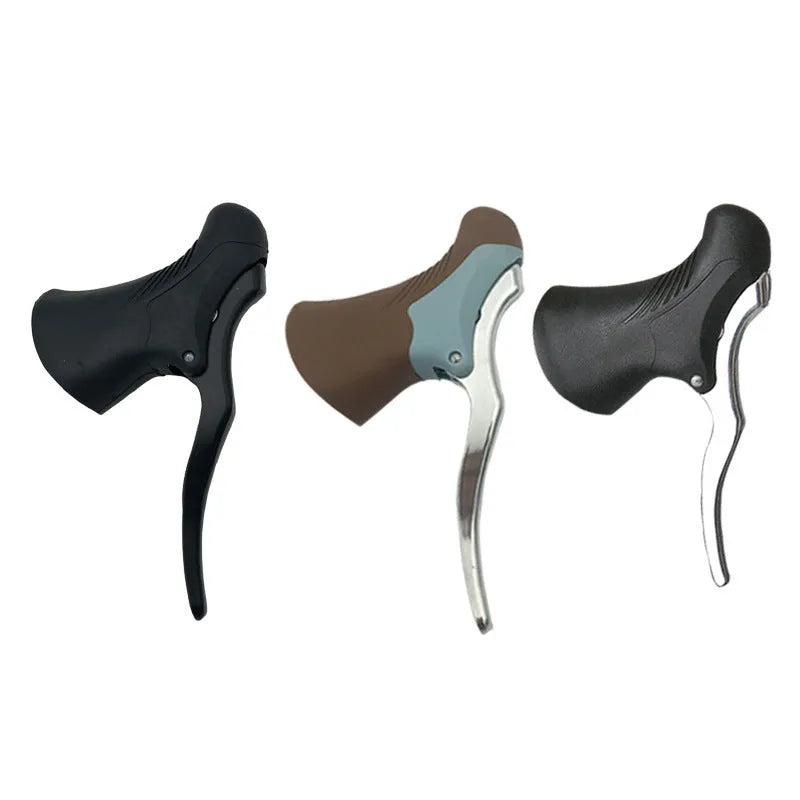 A pair of aluminium alloy road bicycle brake handles in black and black-silver colours.