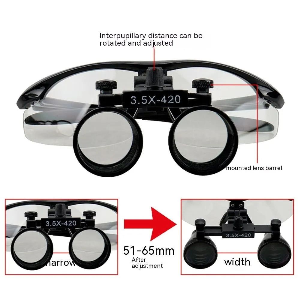 Black head-mounted dental magnifying glasses with LED headlight on adjustable plastic frame