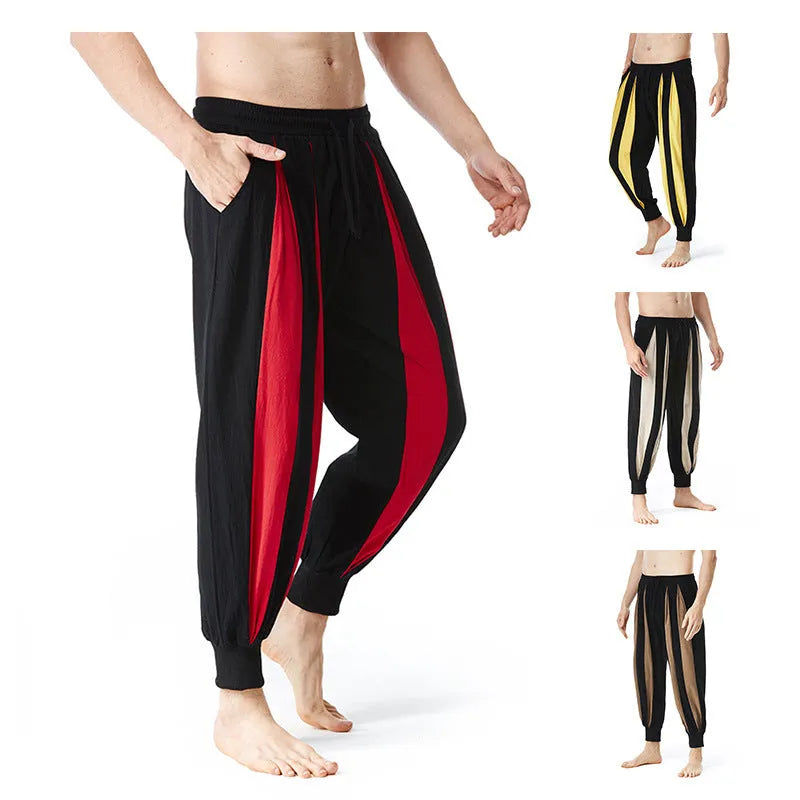 Men's straight-leg casual trousers in four colour options showing front and back views