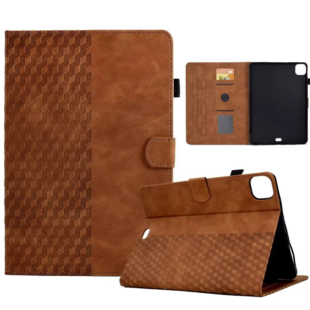 Leather iPad case with card holder showing diamond pattern in black colour