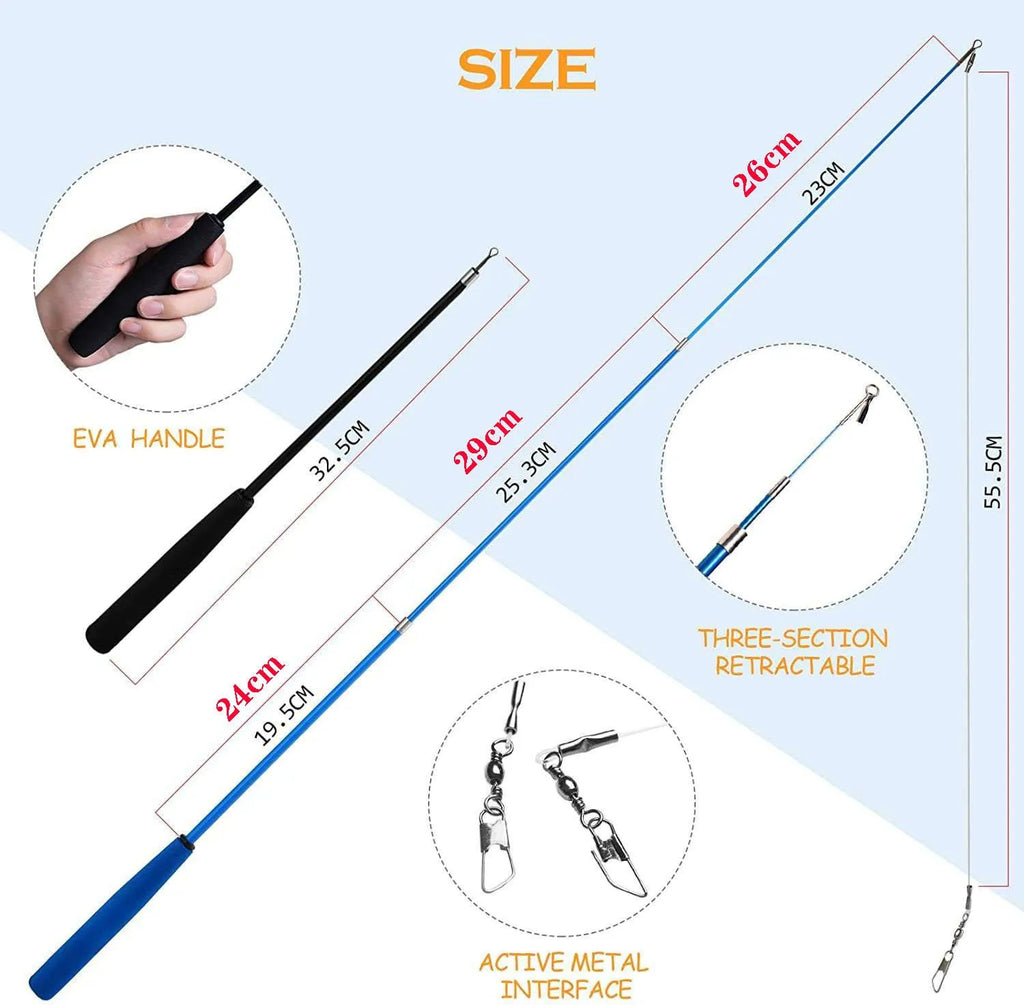 Cat teasing fishing rod toy with feather attachments, two poles and ten interchangeable heads