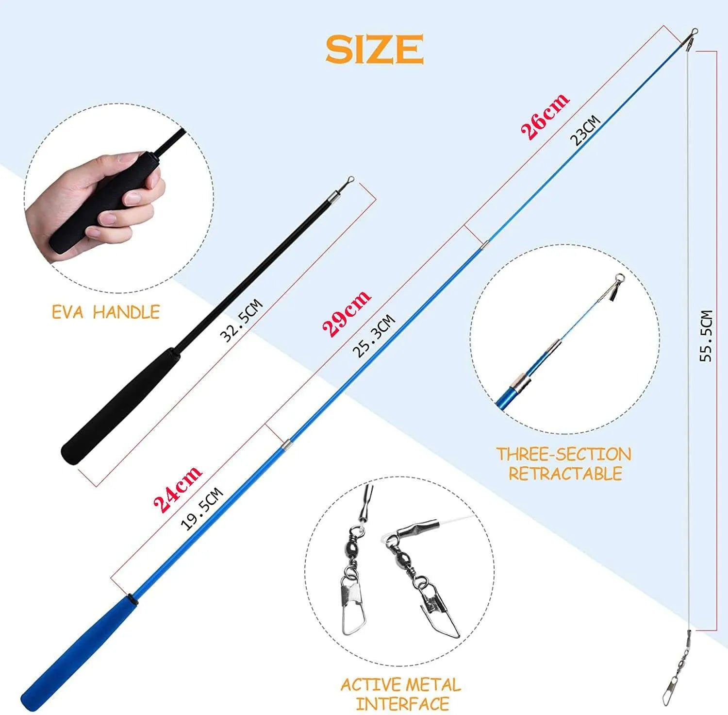 Cat teasing fishing rod toy with feather attachments, two poles and ten interchangeable heads