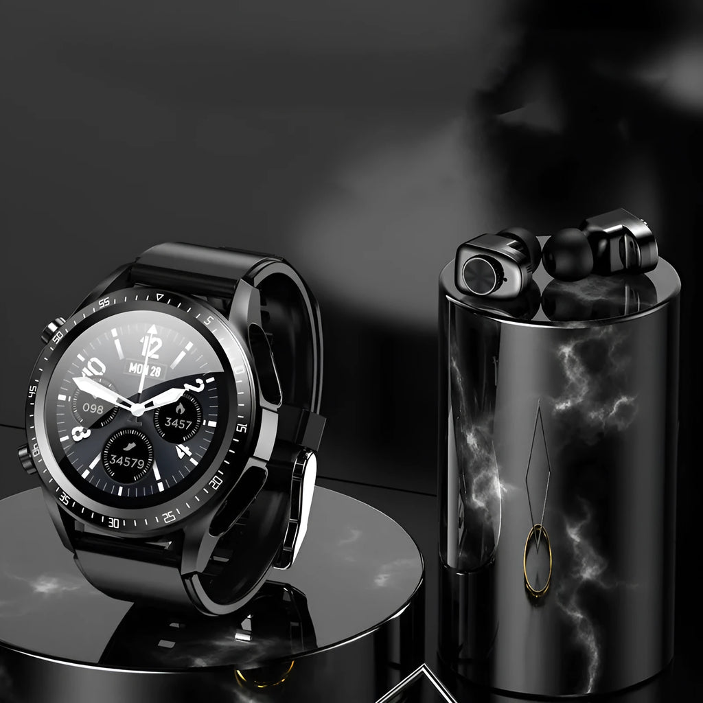 Round black smart watch with stainless steel case, Bluetooth call and heart rate monitoring features on a plain background.
