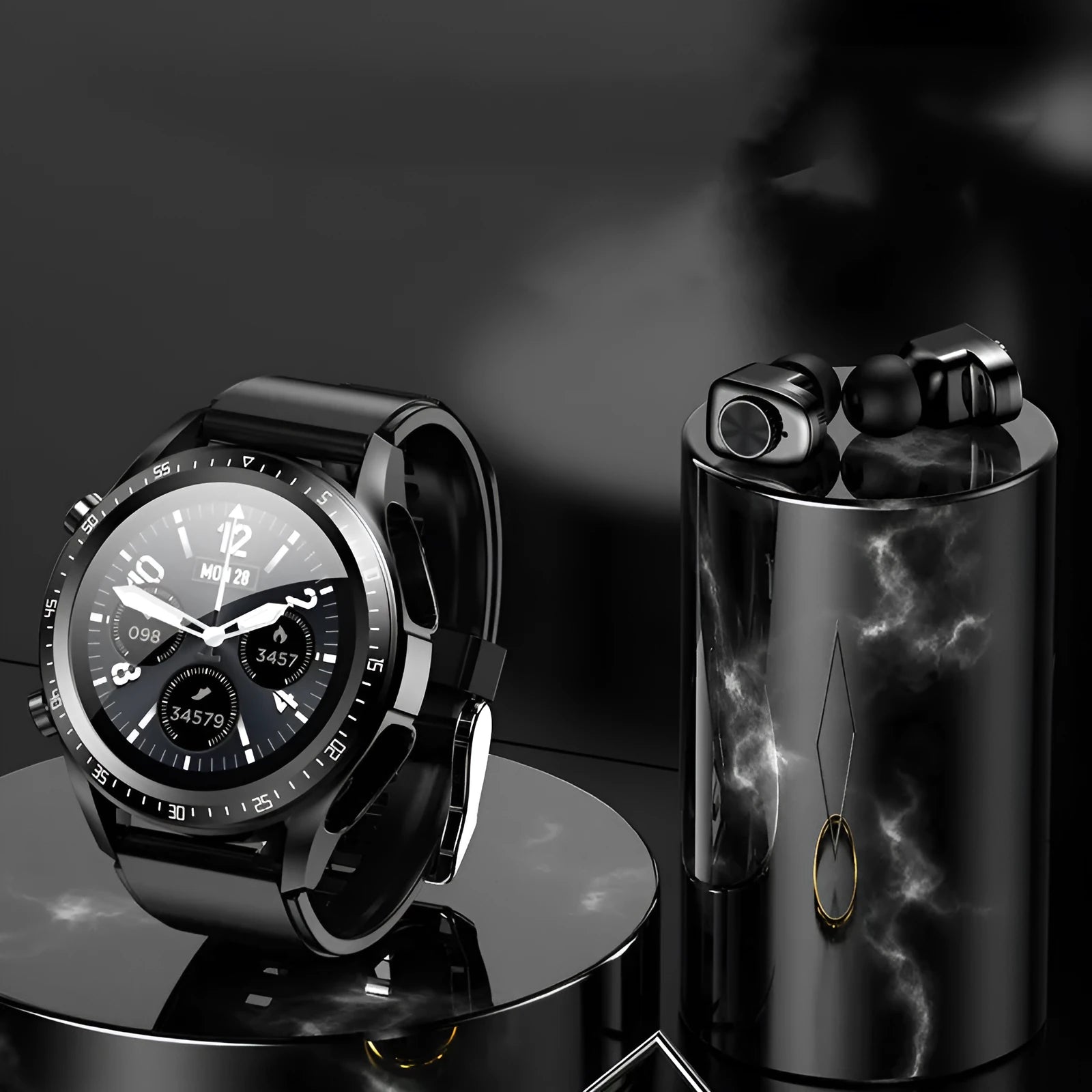 Round black smart watch with stainless steel case, Bluetooth call and heart rate monitoring features on a plain background.