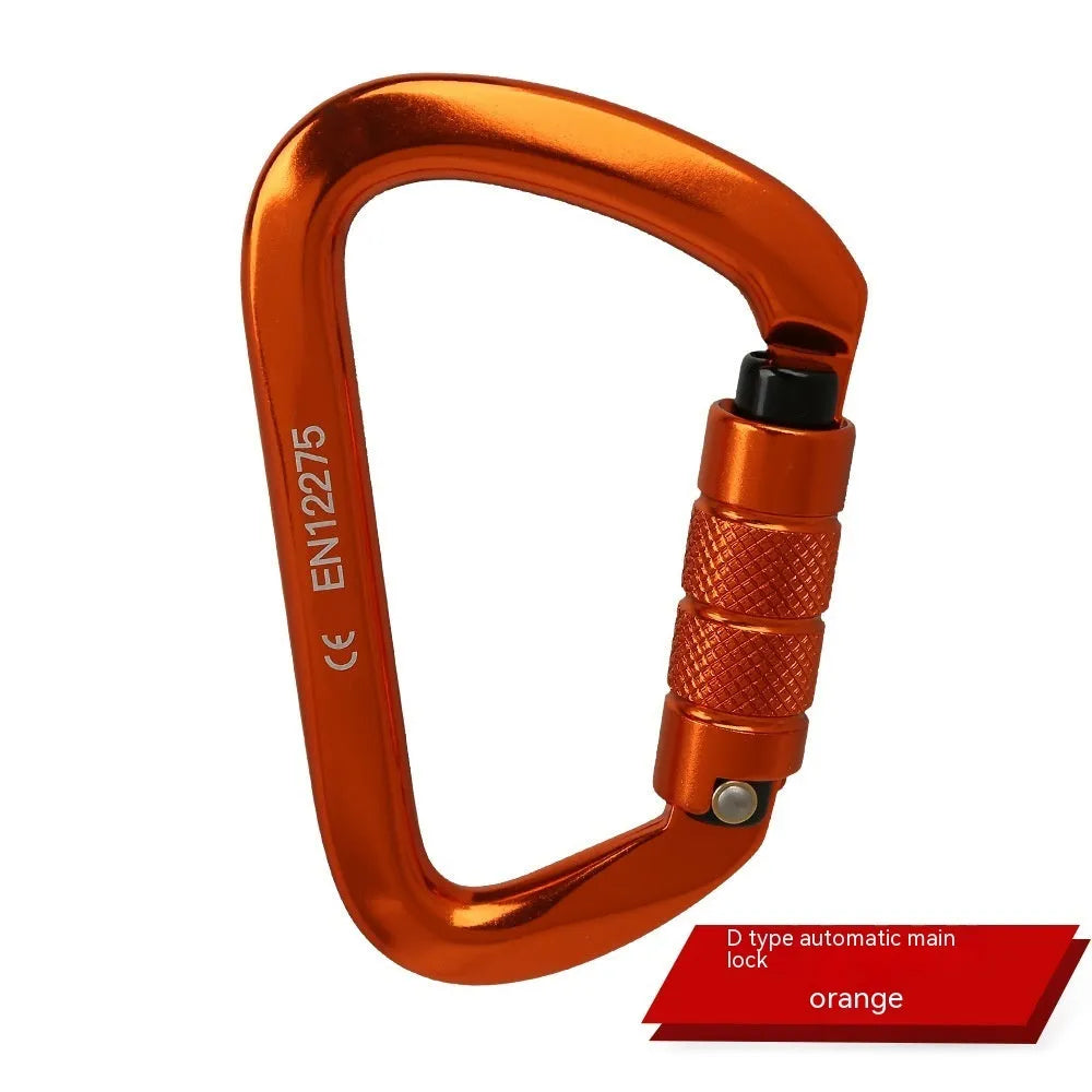 Steel D-shaped climbing carabiner showing automatic and screw-gate types in assorted colours.