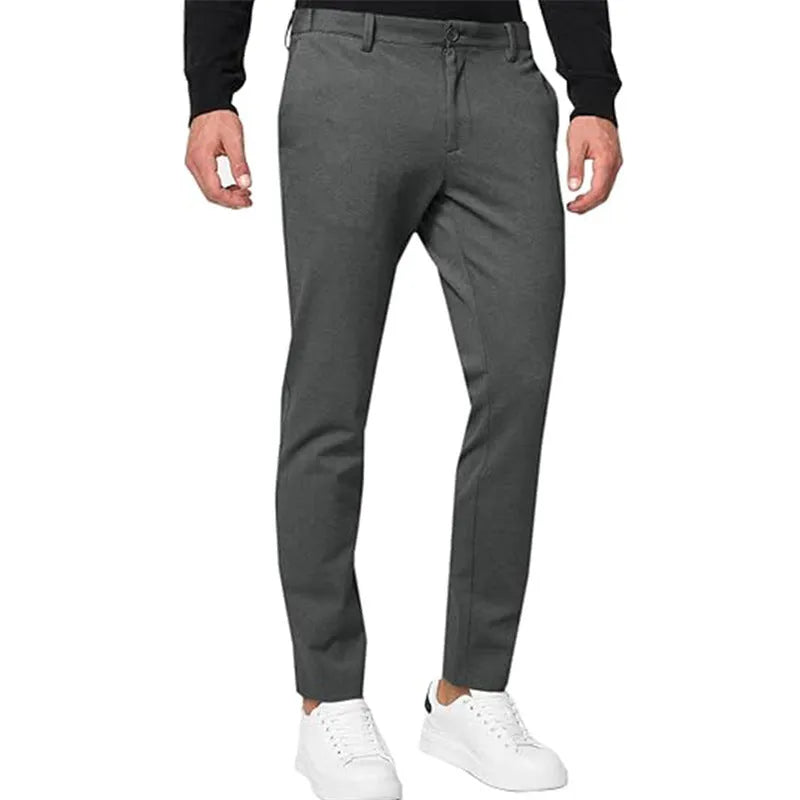 Men's slim-fit tapered chino trousers in khaki colour with pleated detail and zipper fly