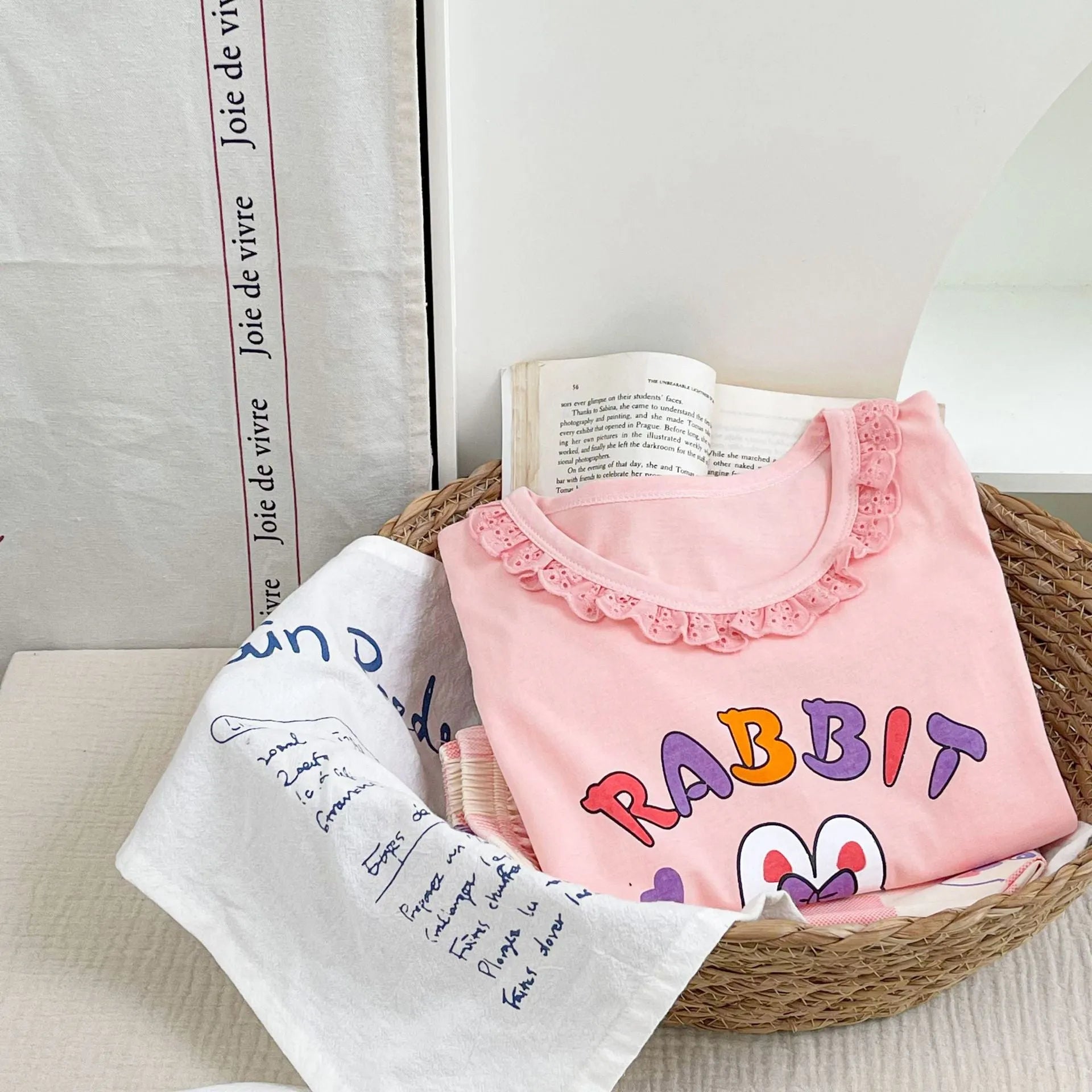 Girls cotton pyjama set with pink cartoon rabbit print, summer homewear, suitable for height 110-170cm