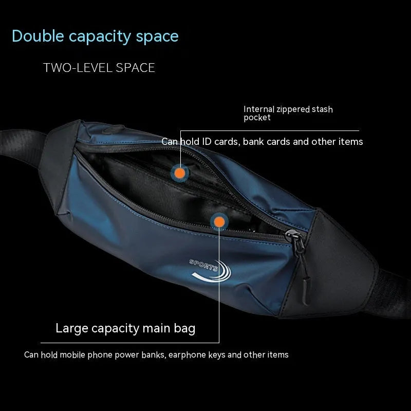 Men's blue waterproof sports waist bag made from Derm Oxford polyester.