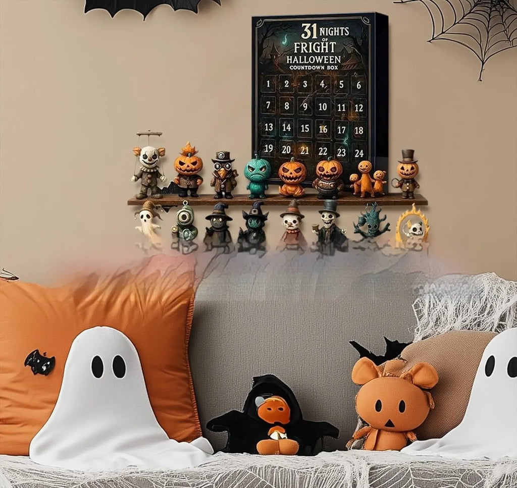 Halloween advent calendar countdown box with horror doll blind boxes, plastic and resin craft.