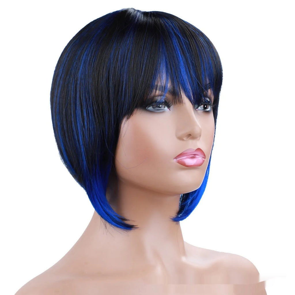 Short bangs synthetic wig in mixed 1B Blue Japanese silk fibre with non-hot dyed colour