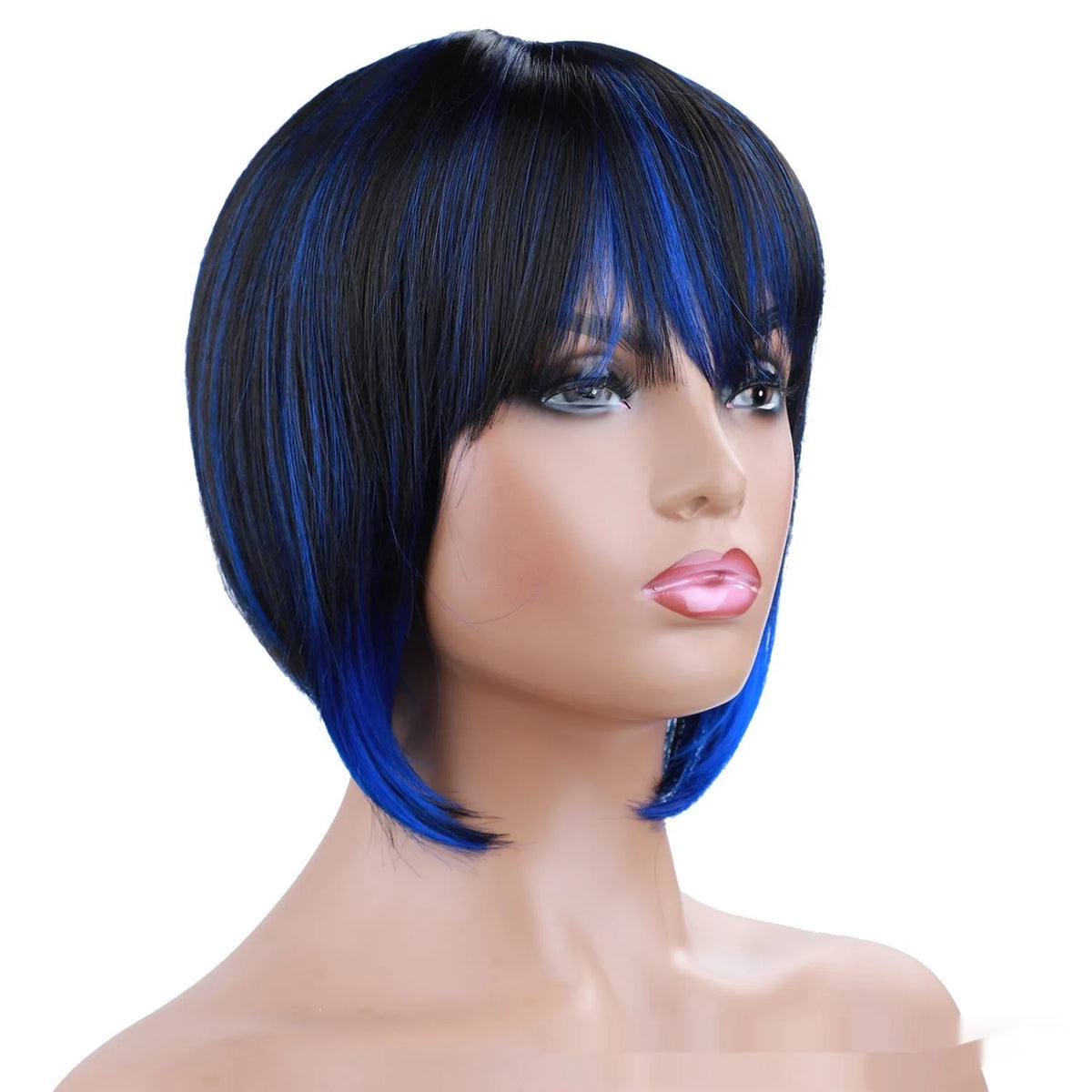 Short bangs synthetic wig in mixed 1B Blue Japanese silk fibre with non-hot dyed colour